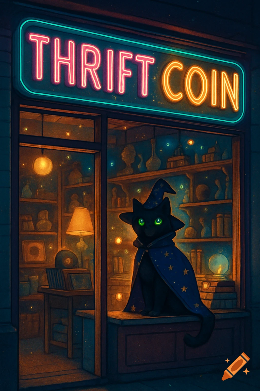 Whimsical illustration of a black wizard cat with glowing eyes sitting in a thrift store window under a bright neon 'THRIFT COIN' sign at night.