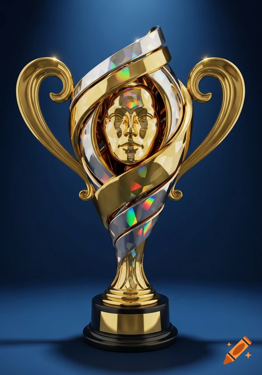 A shiny gold and silver trophy with a metallic, abstract face in its center, set against a dark blue background.