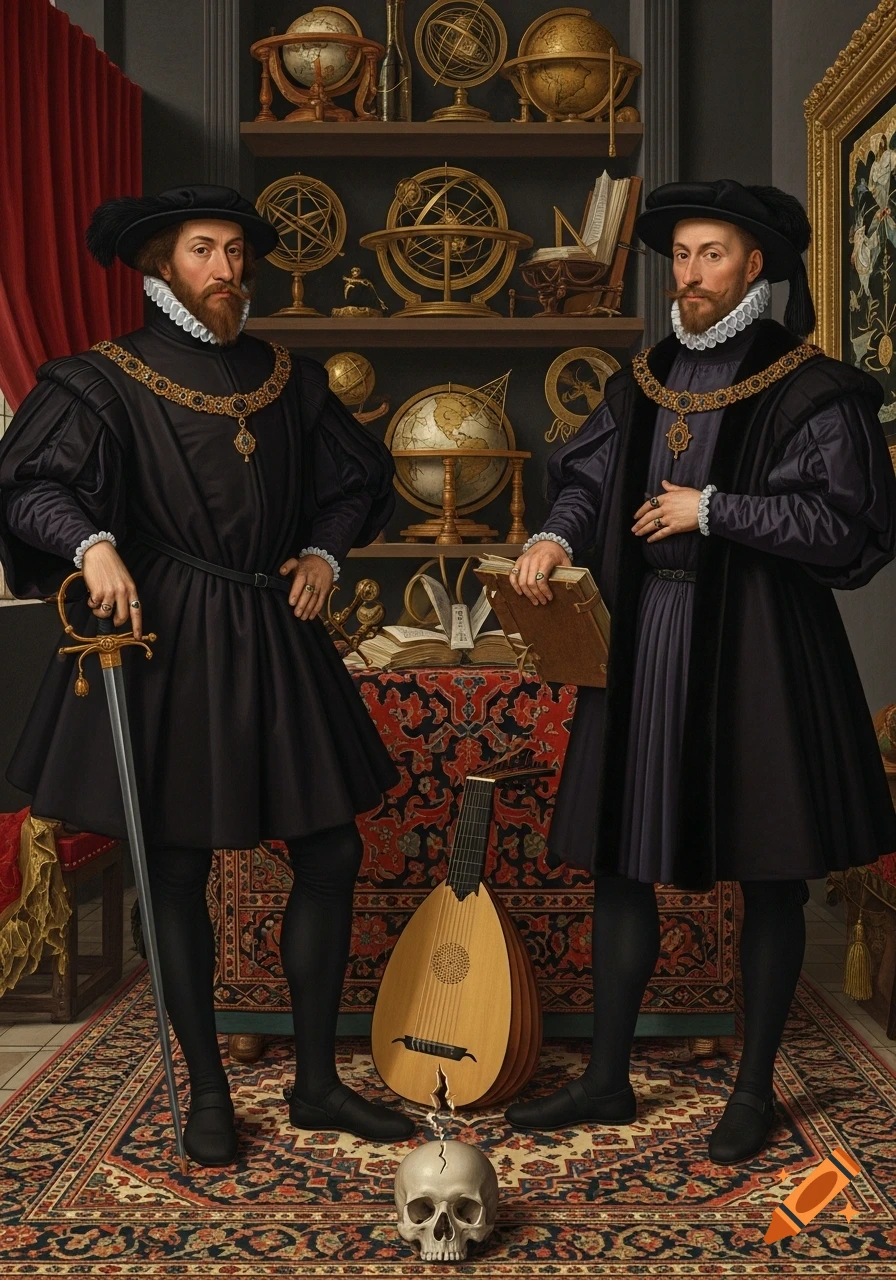 Two richly dressed men in 16th-century attire stand amidst globes and scientific instruments, with a lute and a skull on an ornate rug.