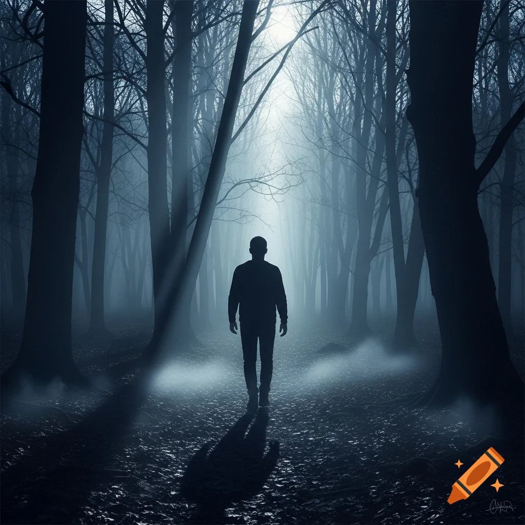 A dark silhouette of a person walks away into a misty, ethereal forest towards a bright light.