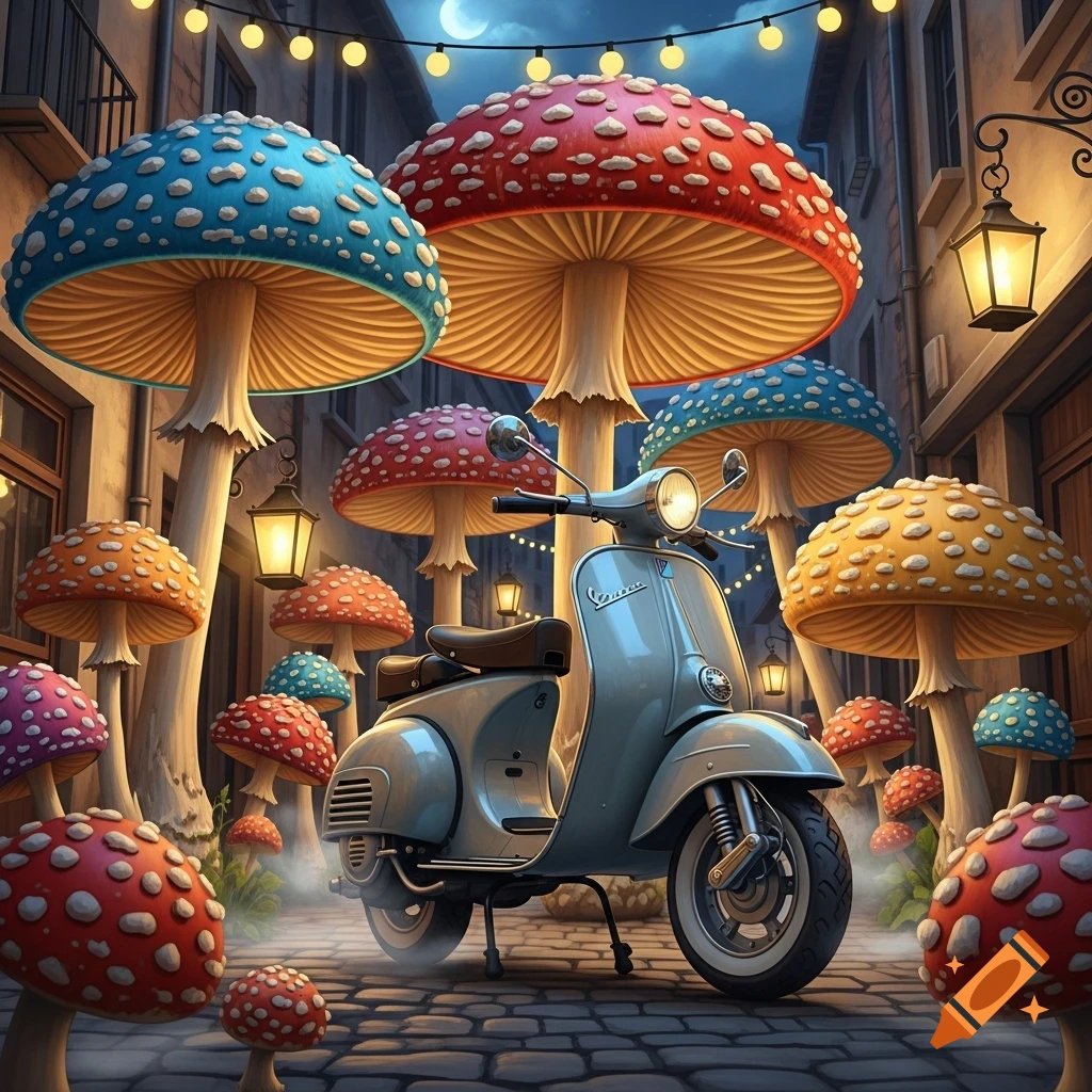 A whimsical light blue Vespa scooter parked in a night alley, surrounded by numerous giant, colorful polka-dotted mushrooms under string lights.