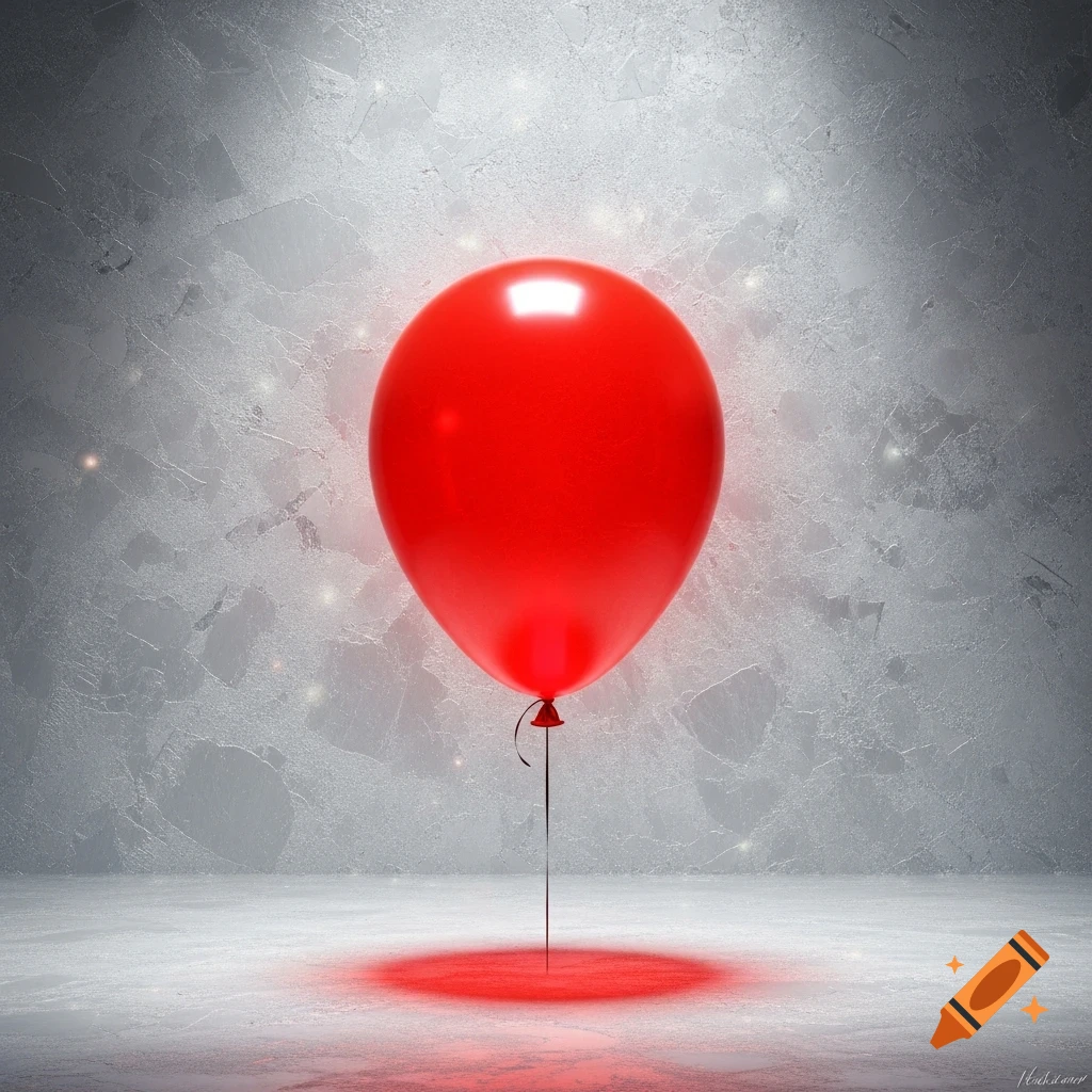 A single bright red balloon floats with a string, casting a red glow on a textured grey floor and wall.