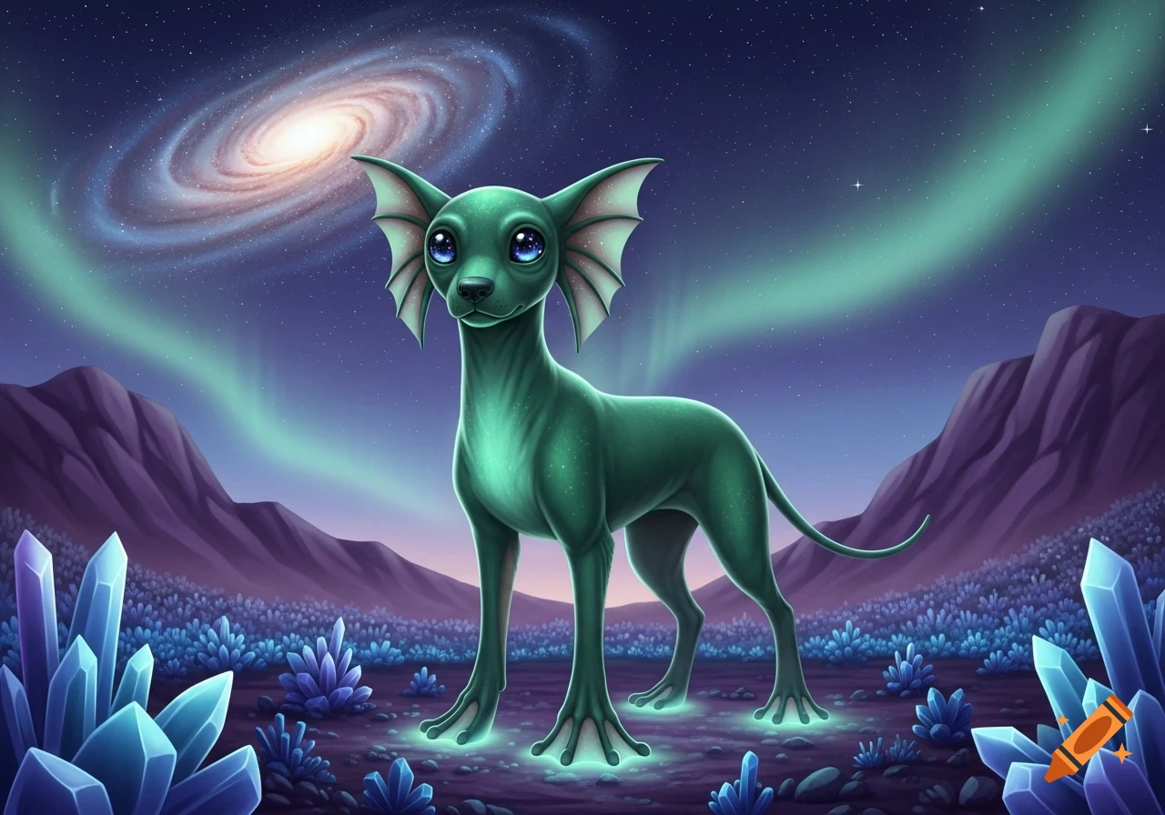 A green alien dog with large ears and glowing paws stands in a purple alien landscape with crystals under a starry sky, galaxy, and aurora.