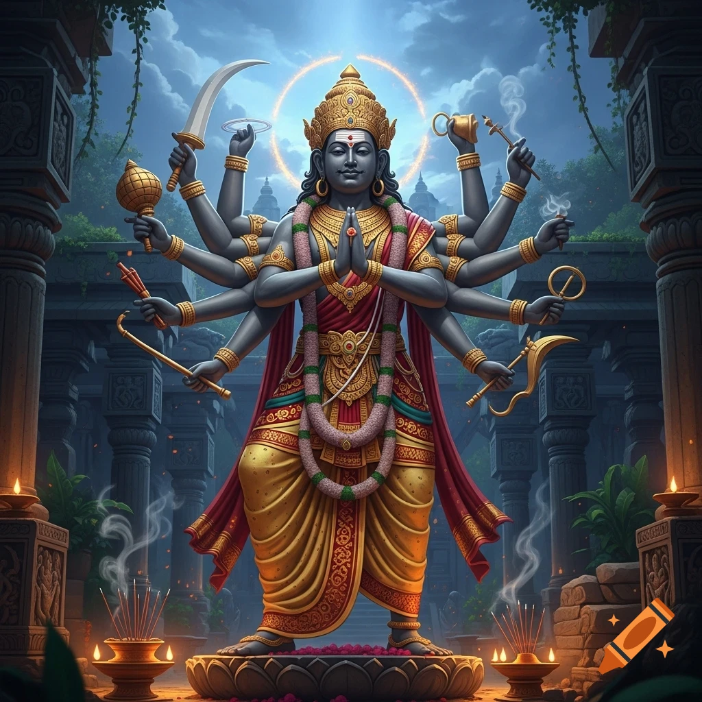 A vibrant digital art piece showing a multi-armed Hindu deity with dark skin and a golden crown, standing in a powerful stance amidst temple ruins at night.