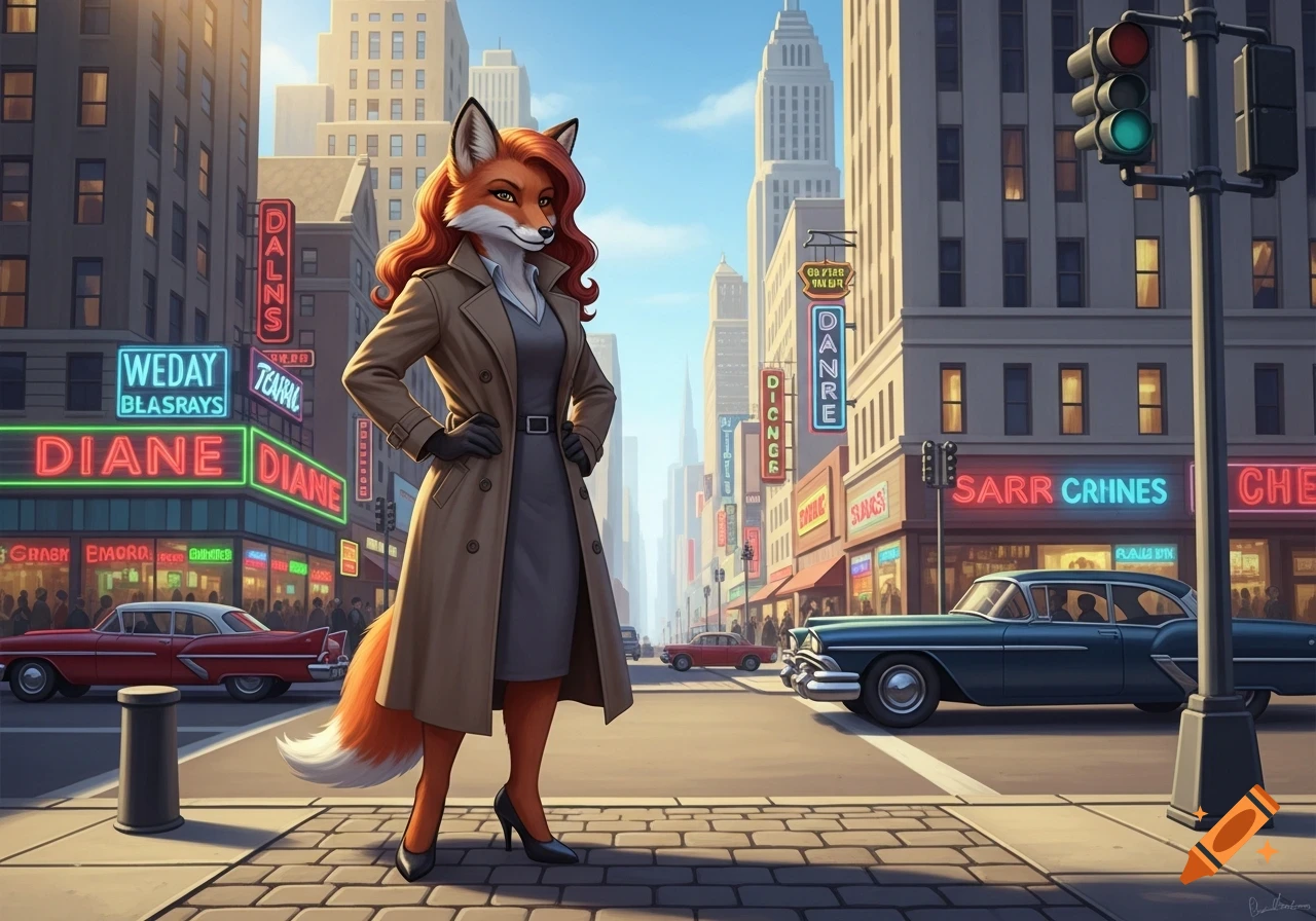 A stylish, anthropomorphic fox woman in a trench coat and dress stands on a 1950s city street with classic cars and neon signs.