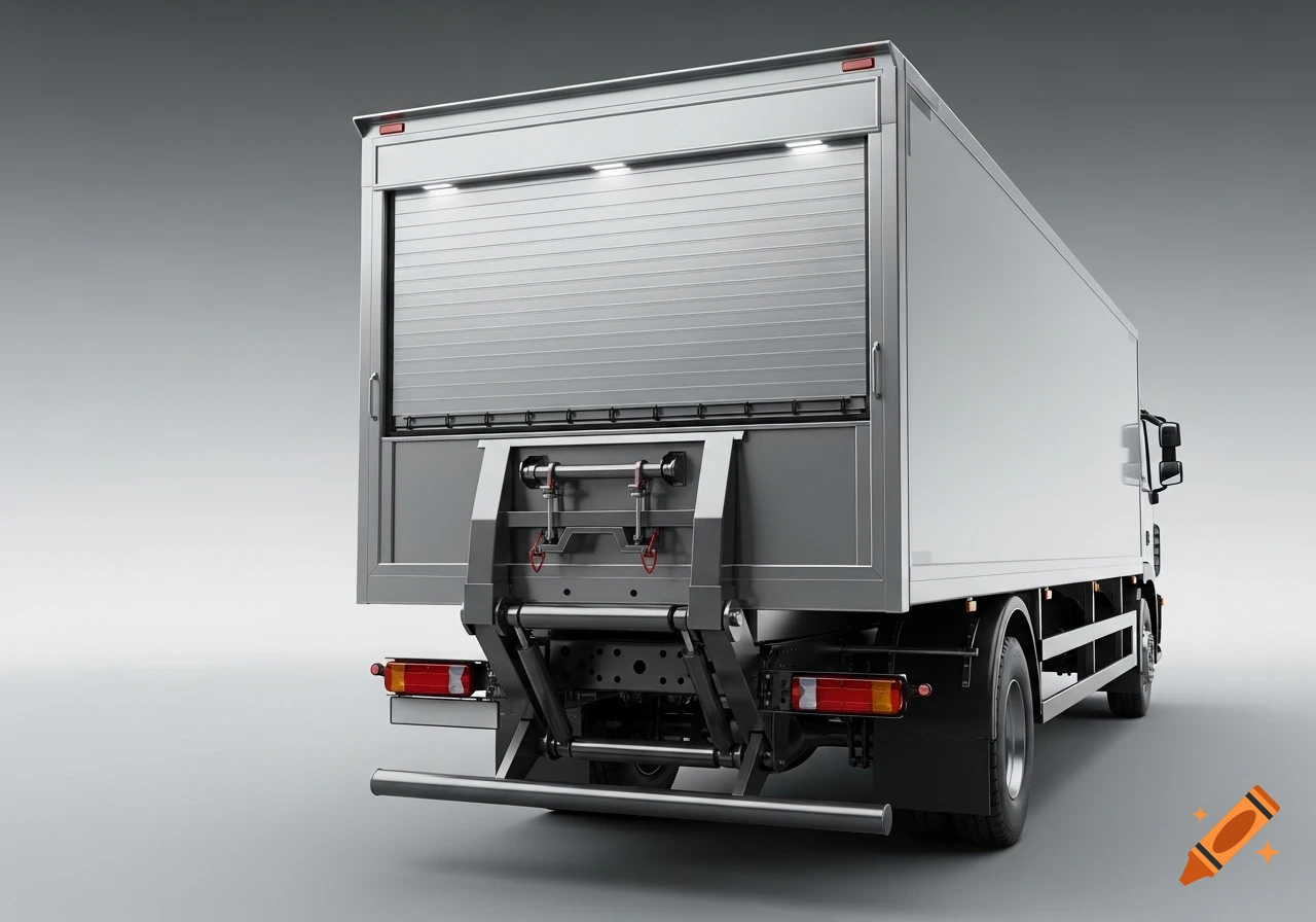 Rear view of a white lorry with a closed metallic shutter door and an underslung tail lift, on a grey background. Photorealistic render.