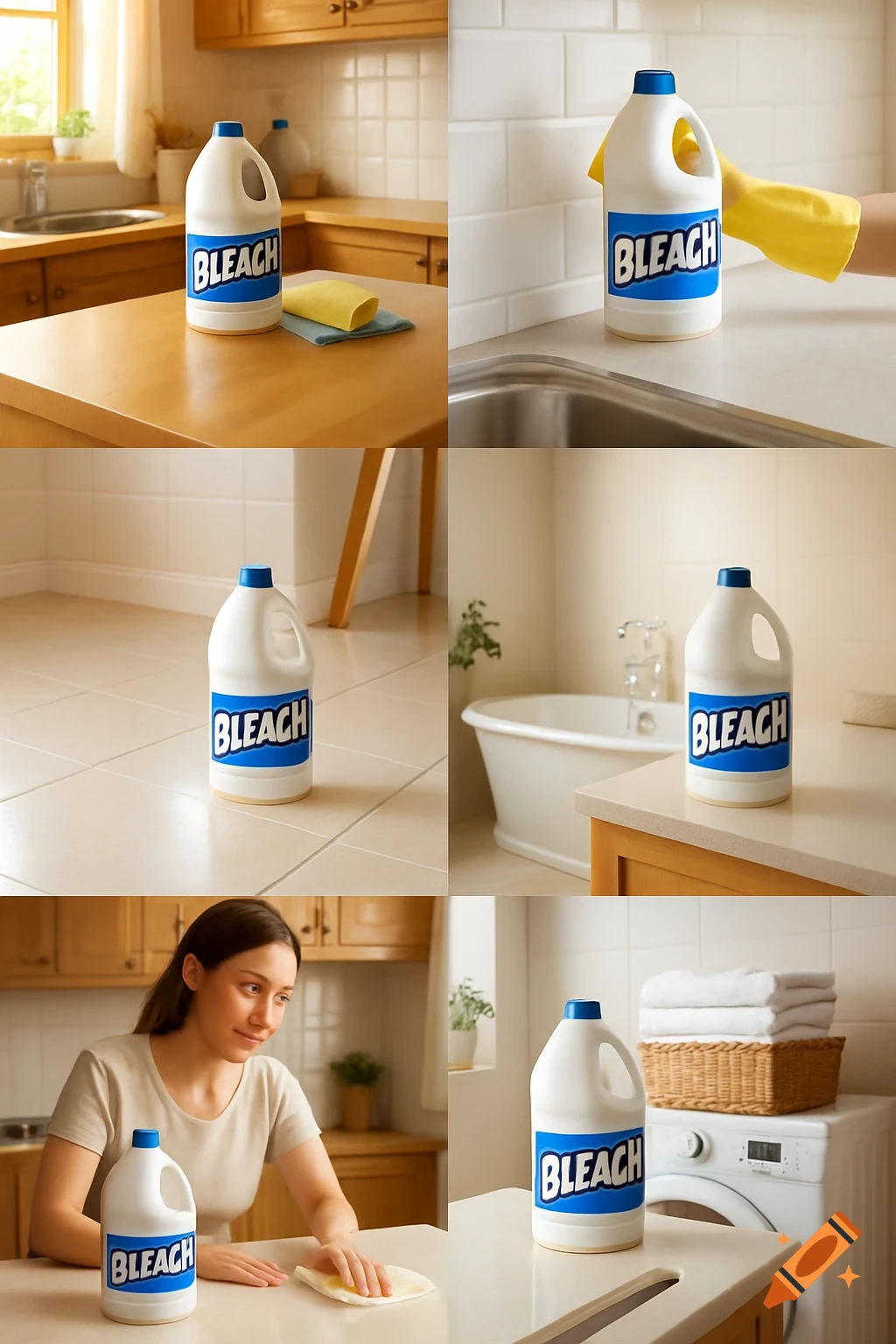 A collage of six scenes featuring a white bleach bottle in various household settings, including a woman cleaning a counter.