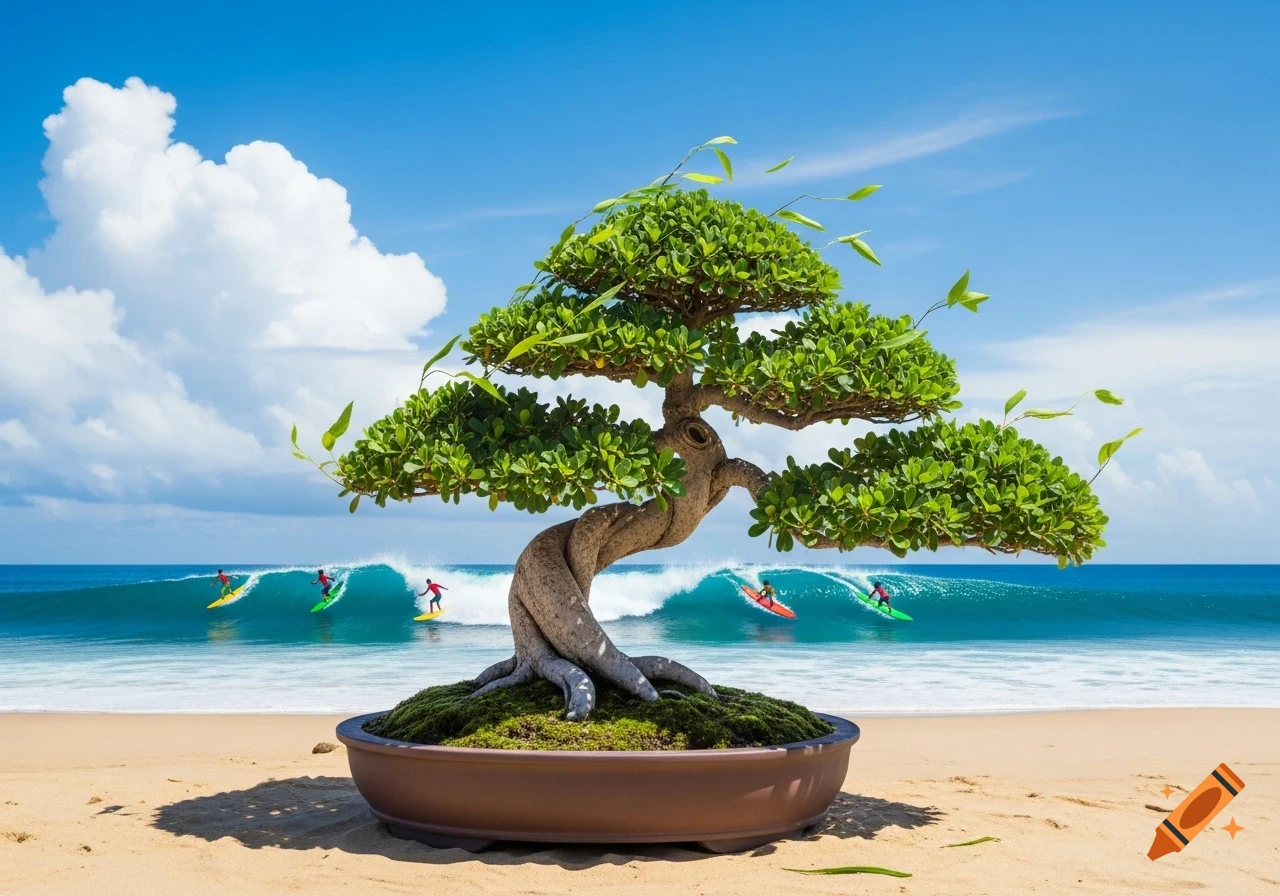 A large, gnarled bonsai tree sits on a sandy beach with green moss at its base. Behind it, surfers ride blue waves under a bright sky.