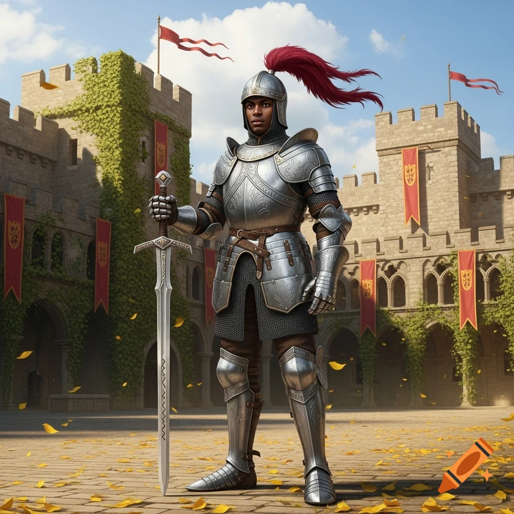 A young Black medieval knight in shining armor stands holding a large sword in a sunlit castle courtyard with falling autumn leaves.