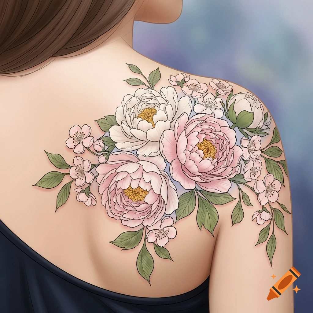 Illustrative floral tattoo with pink and white peonies on a person's back and shoulder.