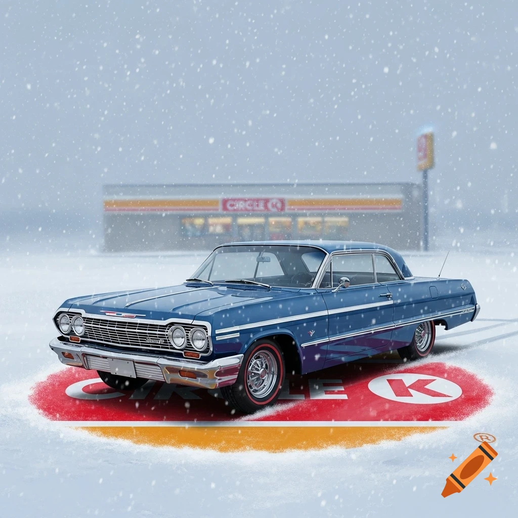 A blue 1963 Impala parked in a snowy Circle K parking lot, with the store building and sign in the background. Snow falls around the car, which rests on a visible red and orange Circle K logo on the ground.