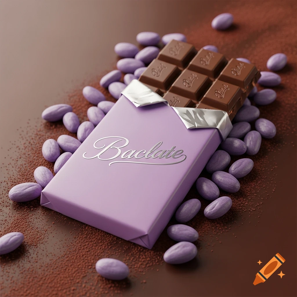 A photorealistic image of a chocolate bar in a light purple wrapper, partially unwrapped, surrounded by purple candy-coated almonds and cocoa powder on a brown surface.