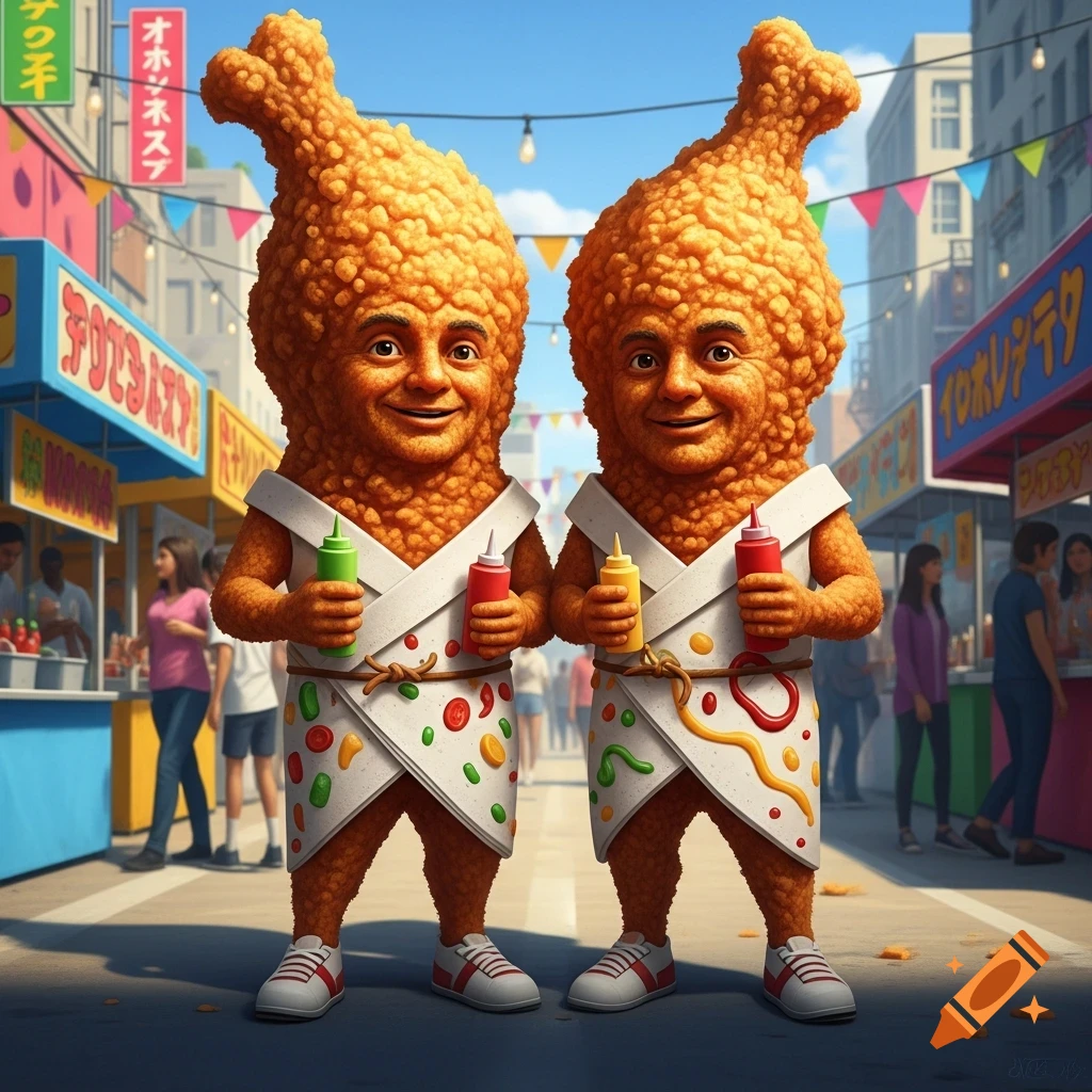 Two anthropomorphic fried chicken men hold condiment bottles in a bustling street market.