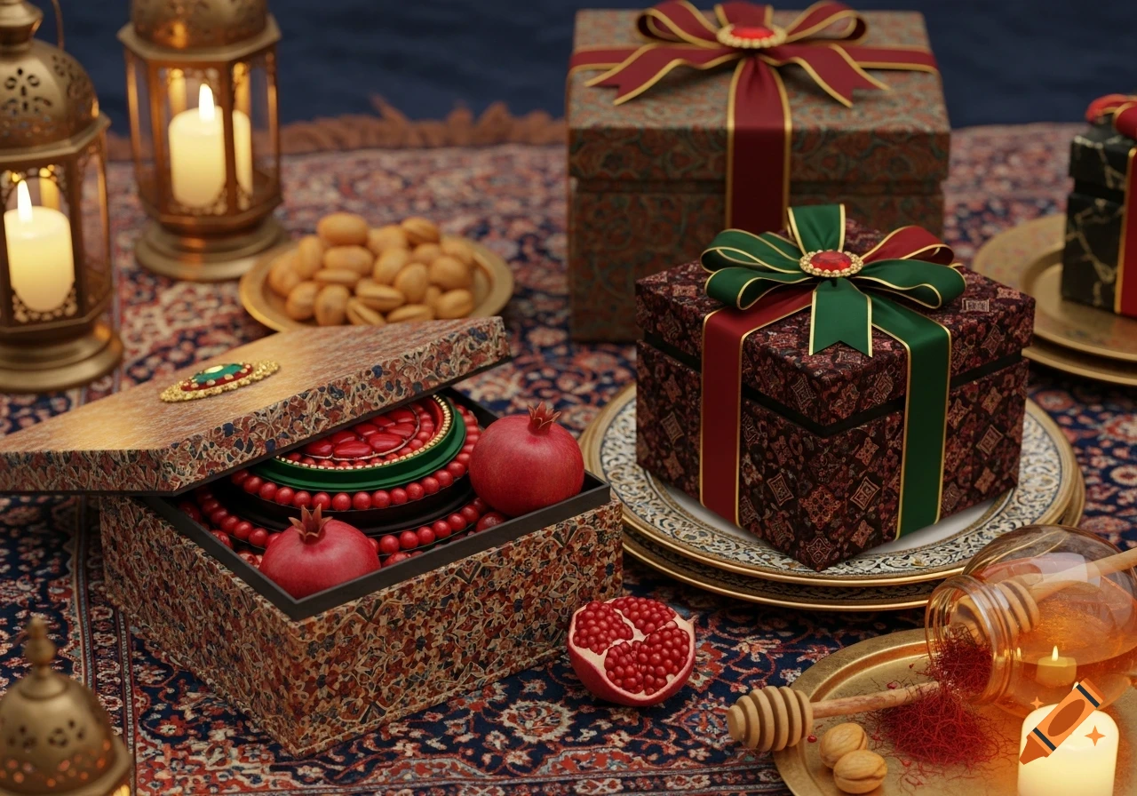 Photorealistic image of decorative gift boxes with ribbons, pomegranates, lit candles, nuts, and honey on a patterned rug.