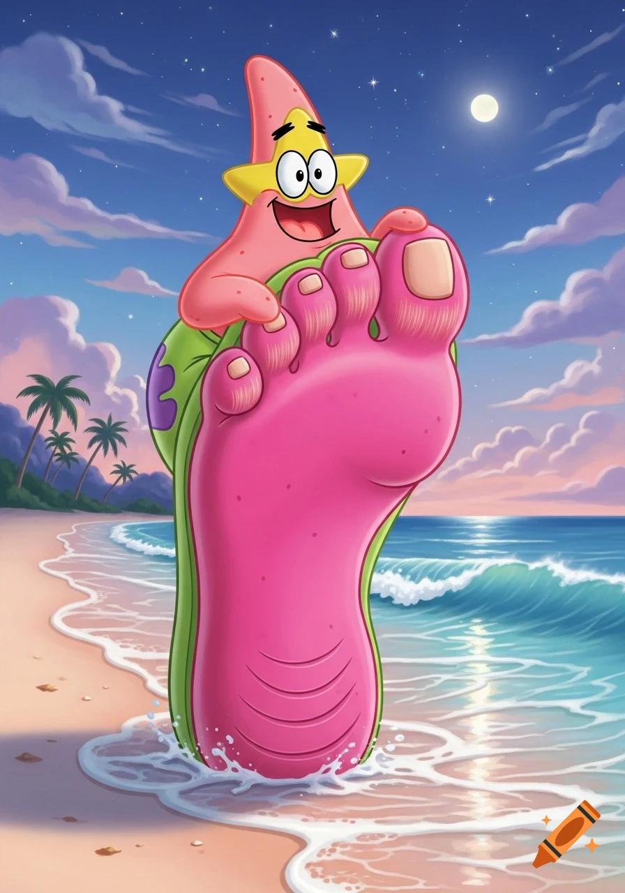 Cartoon Patrick Star's head on a giant pink foot, standing in ocean surf on a tropical beach at night.