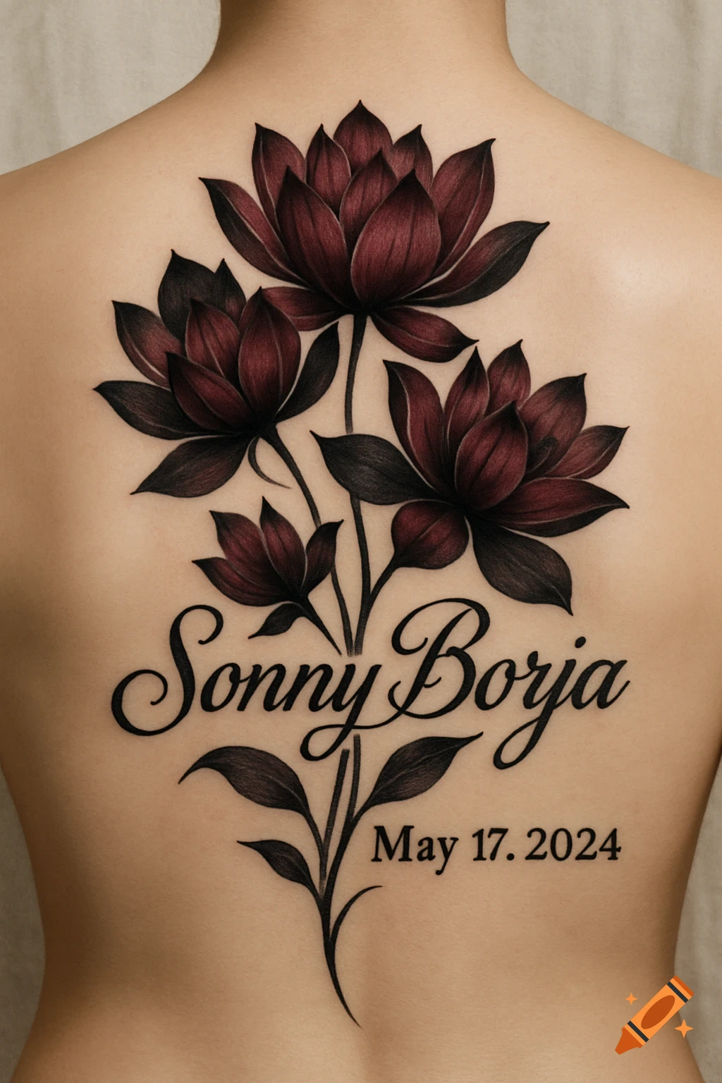 A realistic back tattoo featuring burgundy and black lotus flowers with the name Sonny Borja and date May 17, 2024.
