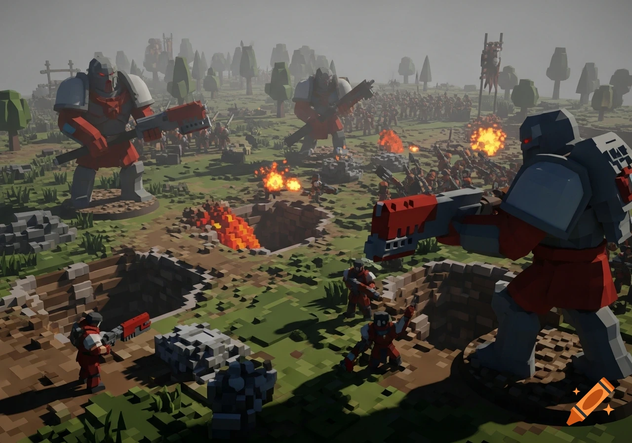Low-poly 3D scene of giant robot-like soldiers battling smaller units on a pixelated battlefield with explosions and trenches, in a PS1 era style.