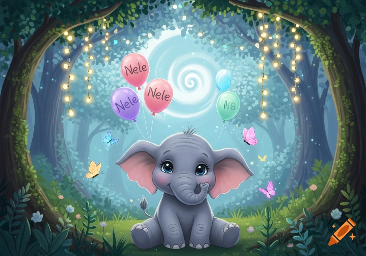 Cute cartoon baby elephant sitting in a magical forest with glowing lights, butterflies, and colorful balloons.