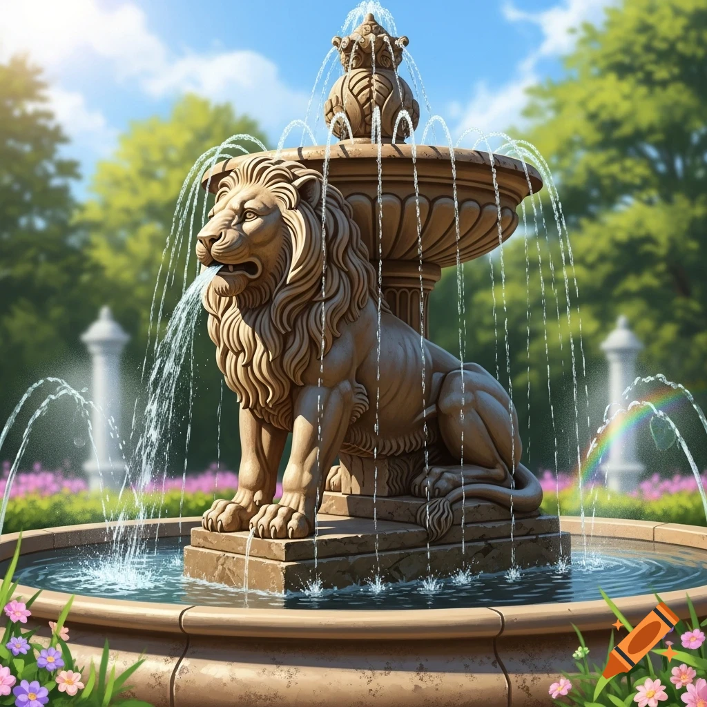An ornate lion statue fountain in a lush green garden under a blue sky, with water splashing and colorful flowers.