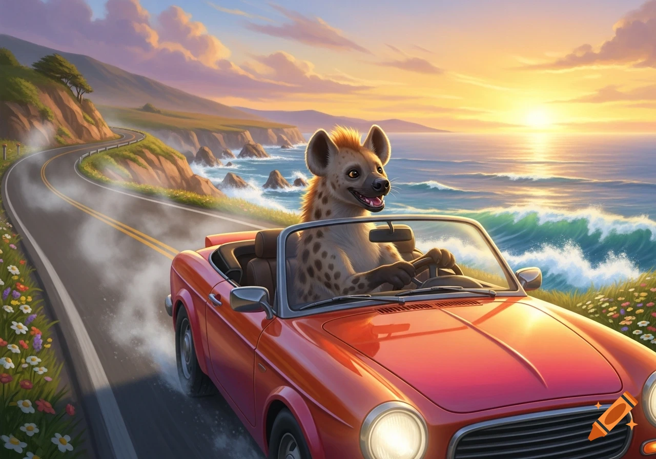 Happy cartoon hyena drives a red convertible along a winding coastal ...