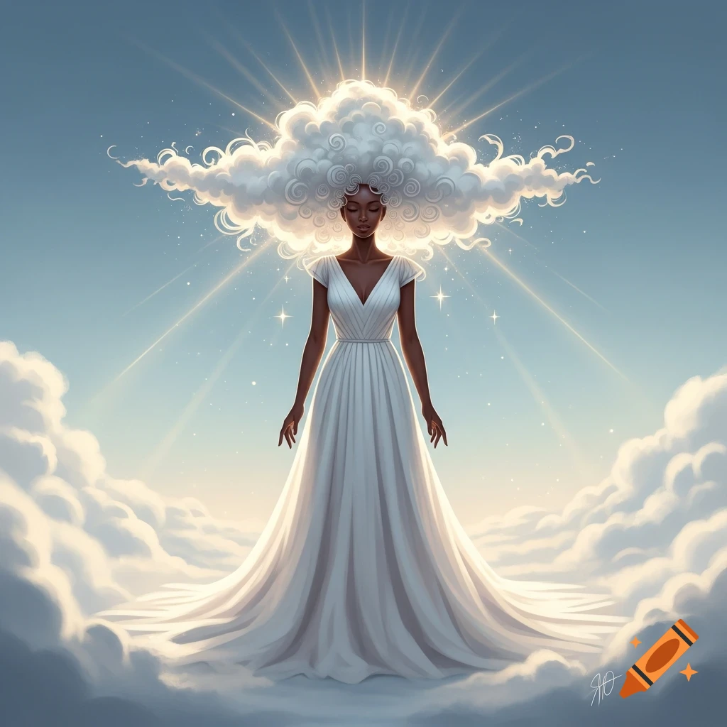 A goddess with chocolate skin tone, in a long white dress, standing among clouds with fluffy cloud hair and radiating light.