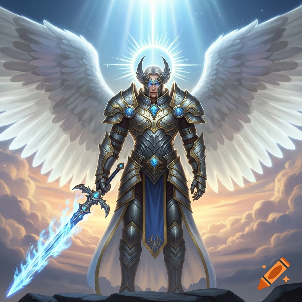 A majestic angel warrior with large white wings, glowing blue eyes, silver and gold armor, holding a flaming blue sword against a radiant sky.