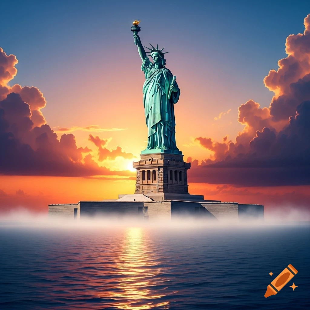 The Statue of Liberty stands tall in the ocean at sunset, with golden light reflecting on the water and dramatic clouds.