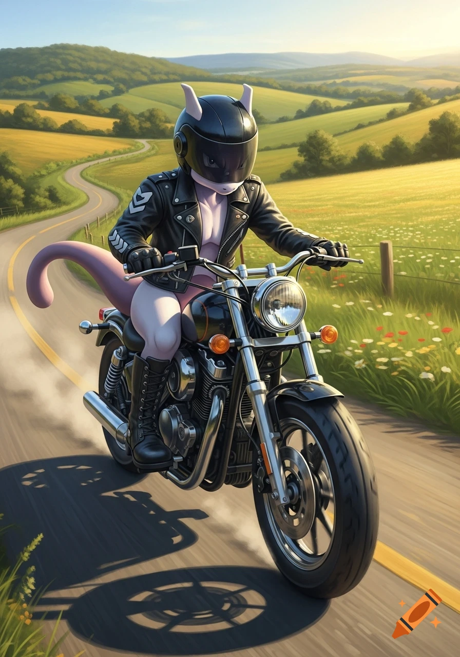 Mewtwo, wearing a black helmet and leather jacket, rides a motorcycle down a winding road through a sunny green and yellow countryside.