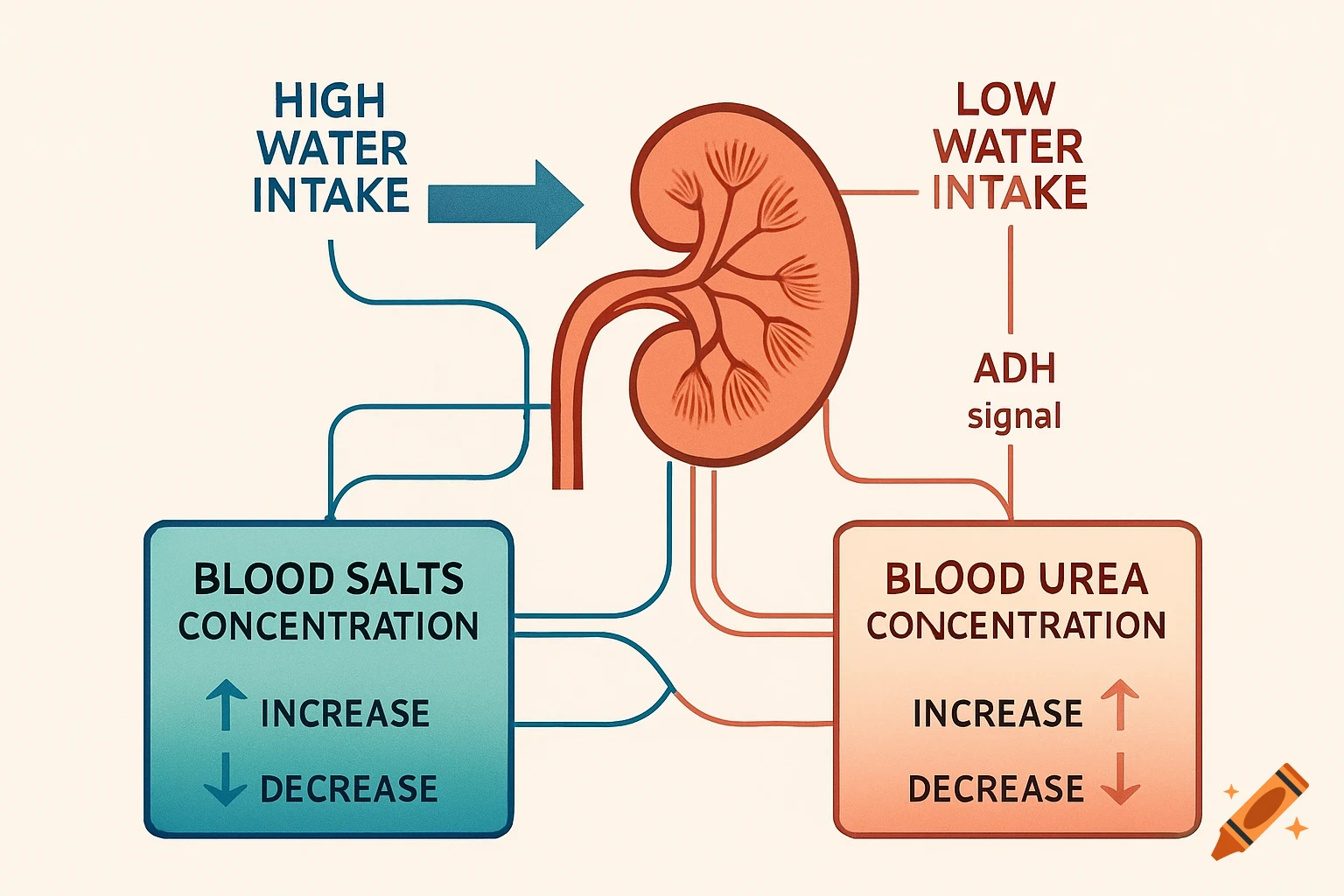 A diagram showing how the kidney regulates blood salts and urea concentrations based on high or low water intake, with ADH signal.