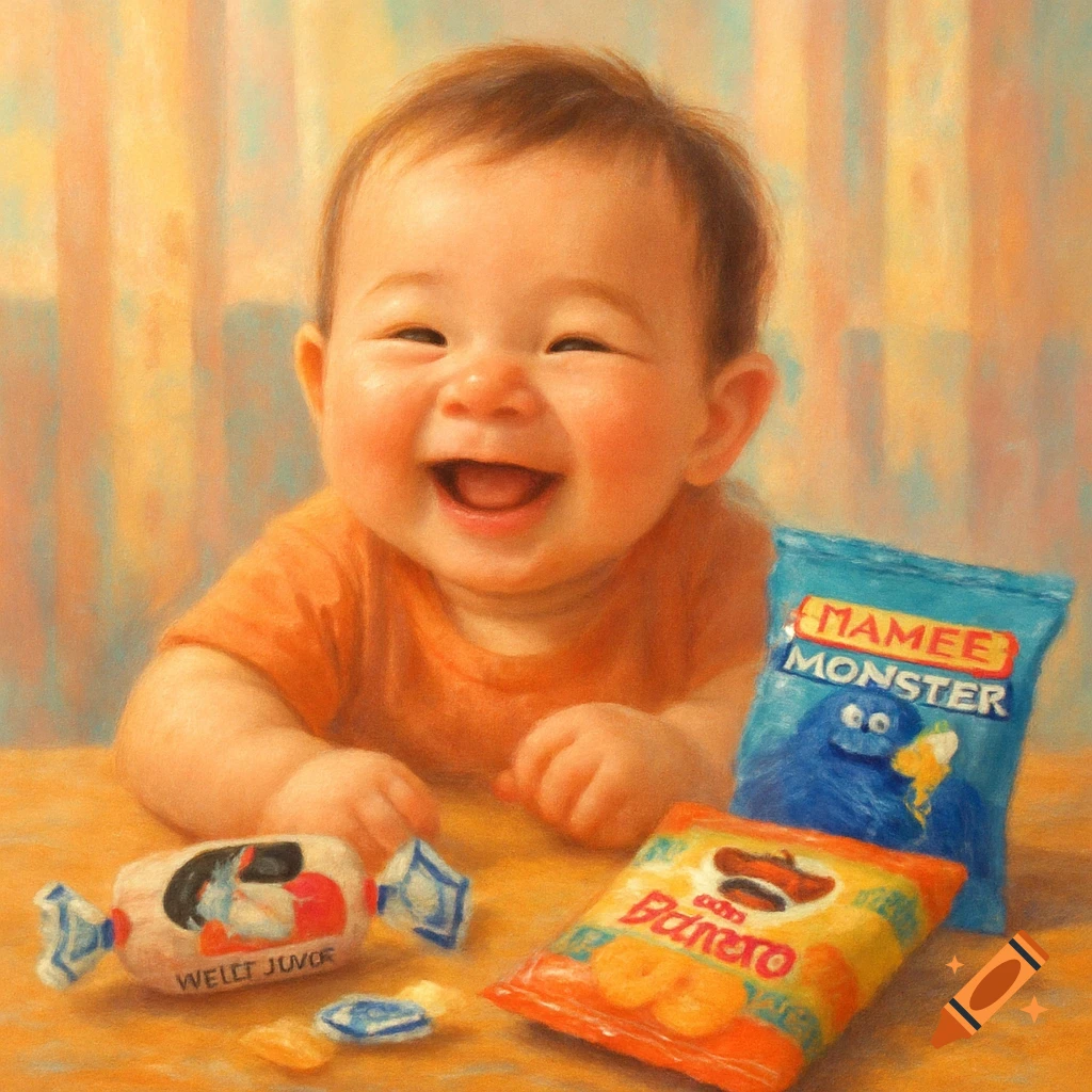 A happy baby with a big smile and wide open mouth, looking at the viewer. Beside the baby are various snack packages, including a blue Mamee Monster bag, a yellow and red chip bag, and a white wrapped candy, all rendered in a painterly style.