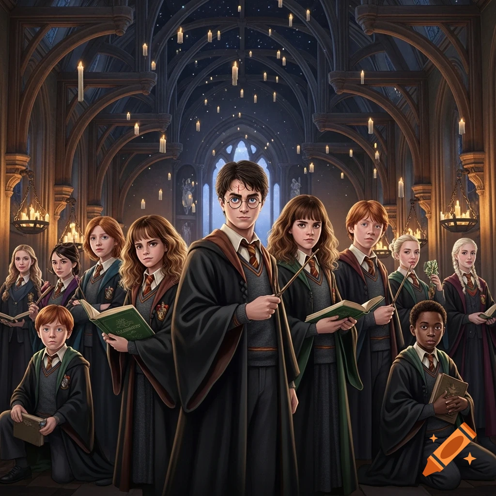 A group of young wizarding students, reminiscent of Harry Potter characters, stand in a grand hall with floating candles. Harry, Hermione, and Ron-like figures are prominent, holding wands and books.