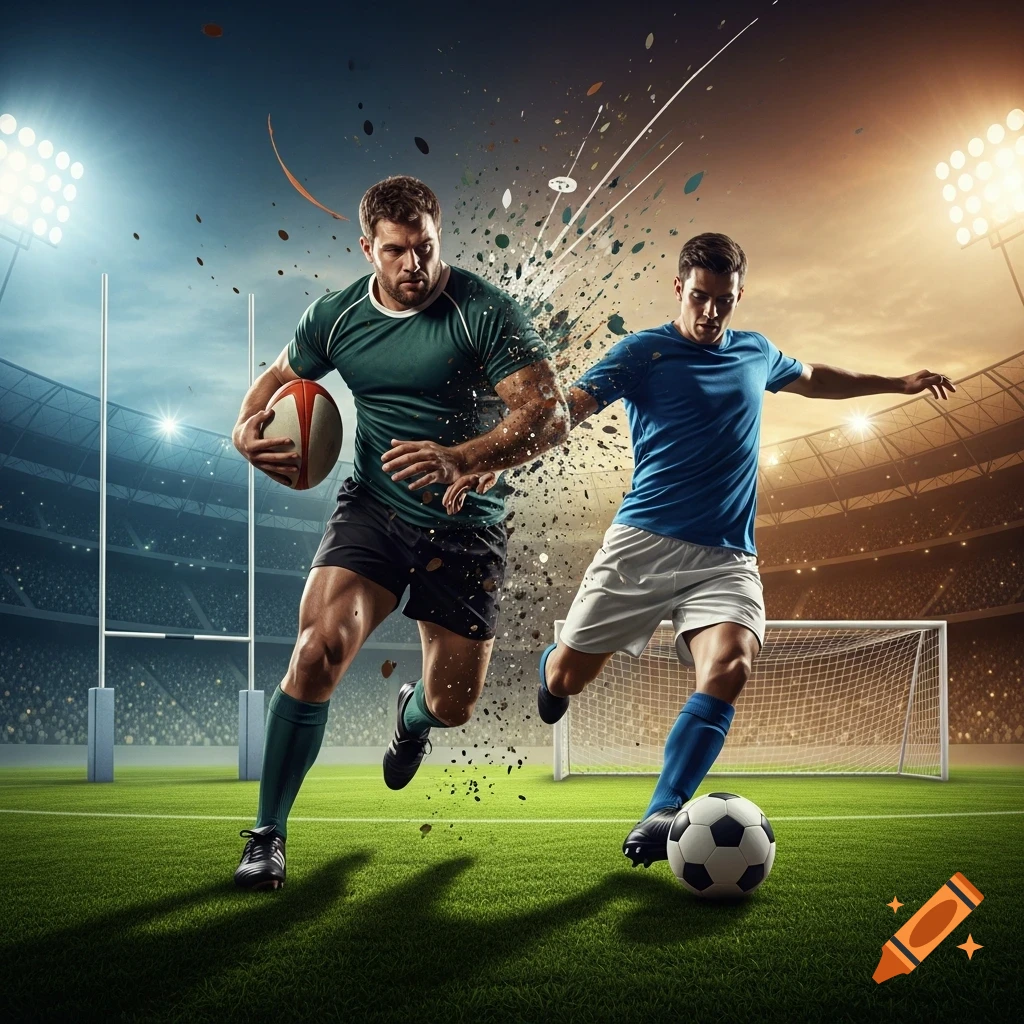Two athletes, a rugby player with a ball and a soccer player kicking a ball, in a dynamic stadium scene with motion effects.