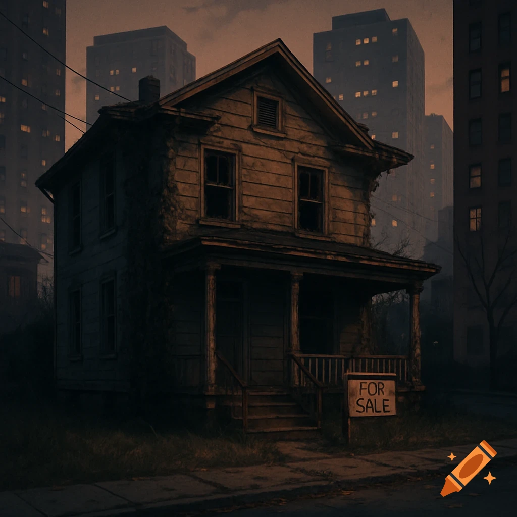 A dark, dilapidated old house with a 'For Sale' sign in an urban setting with tall buildings in the background, at dusk.