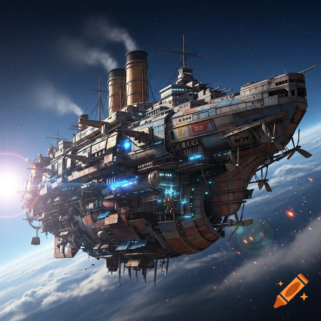 A detailed steampunk-style spaceship made of old ship parts and scrap metal flies above a cloud-covered planet in space.