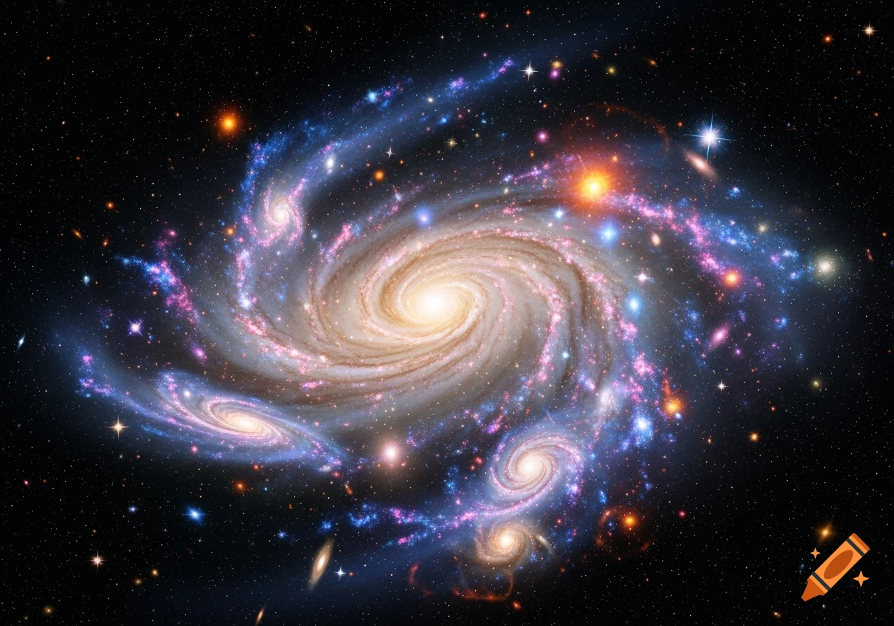 A vibrant spiral galaxy with a bright core and swirling arms of blue and pink stars, surrounded by smaller galaxies and numerous distant stars against a black cosmos.