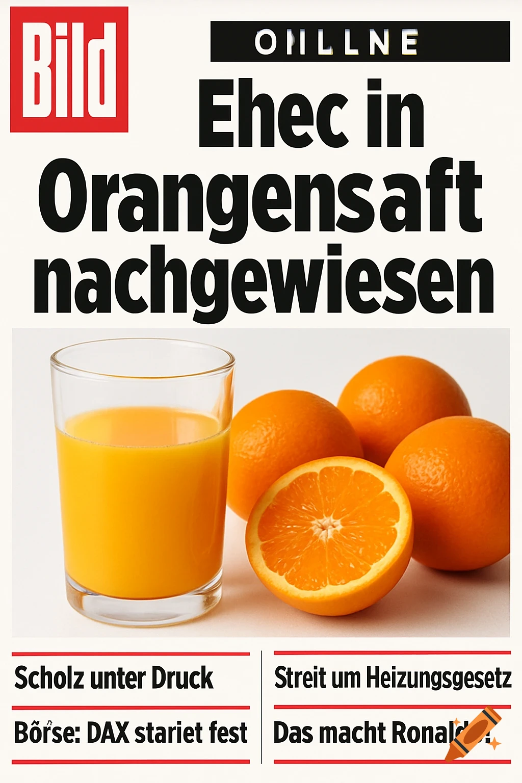 A front page of a newspaper, featuring a glass of orange juice and three oranges, one sliced. The main headline reads "Ehec in Orangensaft nachgewiesen."