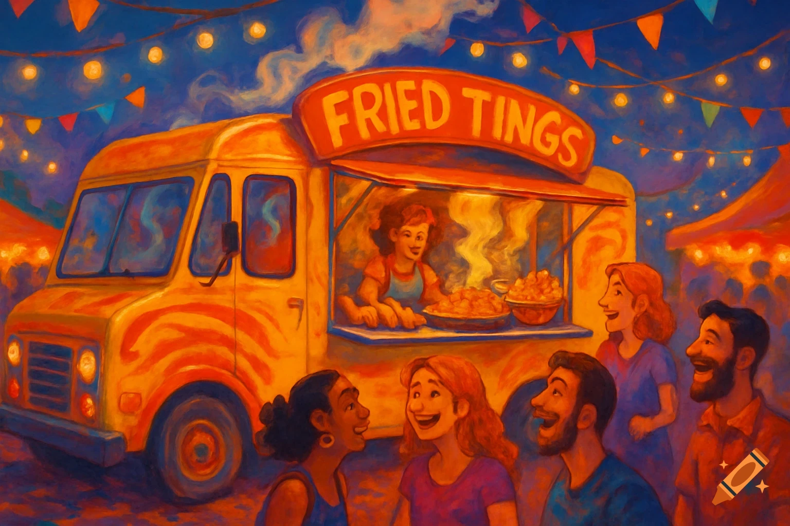 Vibrant painting of a yellow food truck named 'Fried Tings' at a lively night festival, with people interacting and a cook inside.