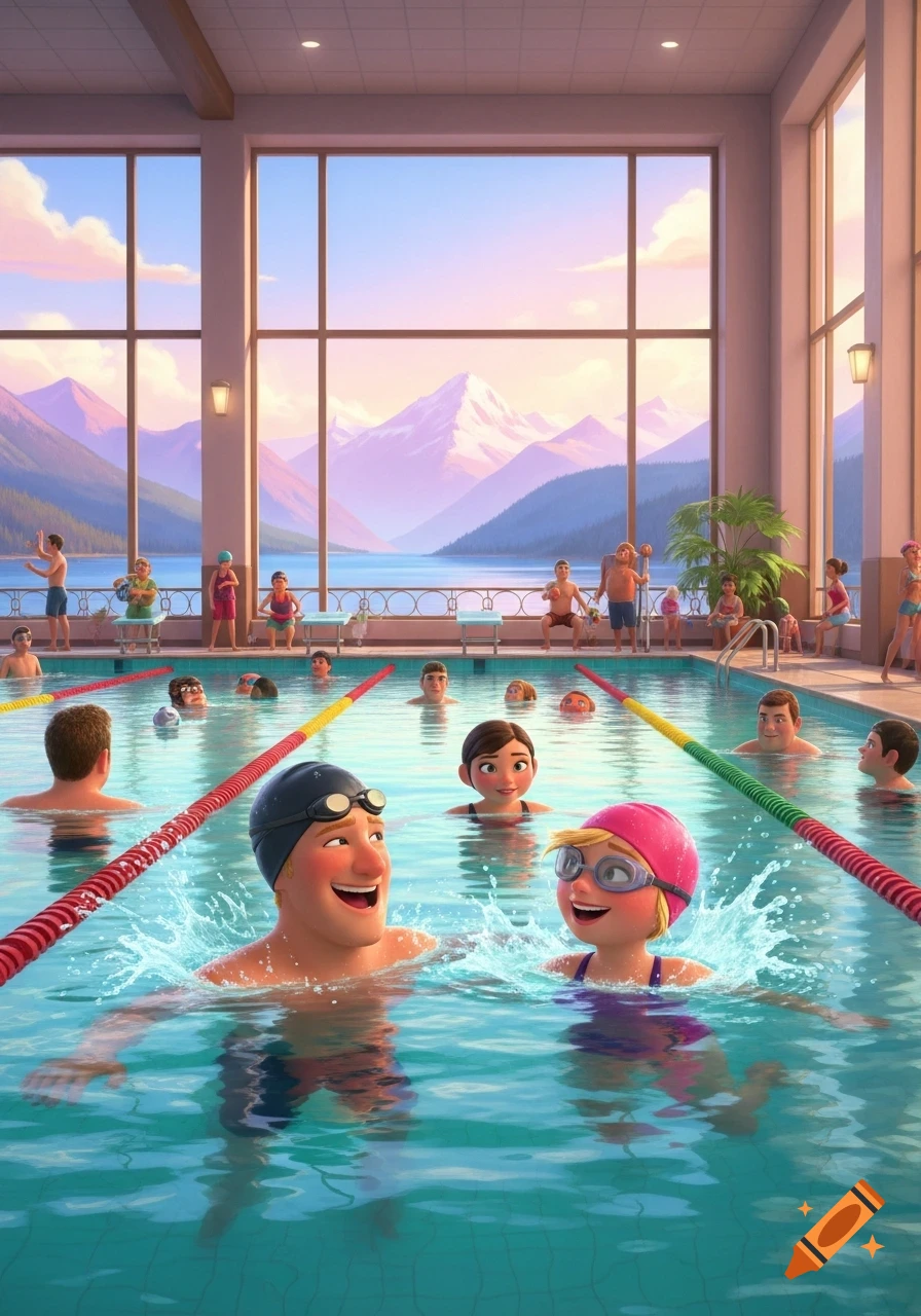 Pixar style scene of a crowded indoor swimming pool with a man and woman splashing, looking out to a scenic lake and mountains.