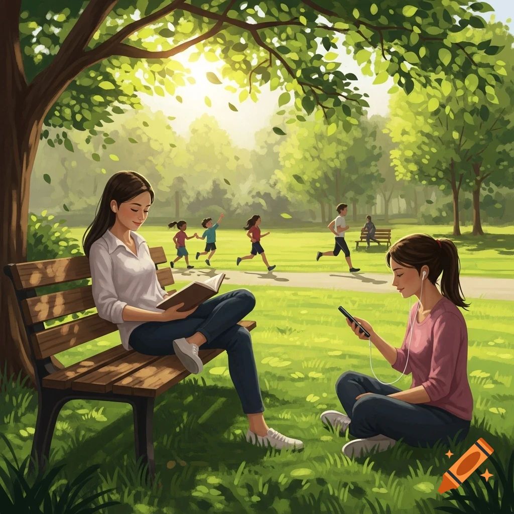 An illustration of people enjoying a sunny park. A woman reads on a bench, another uses a phone on the grass, and children run.
