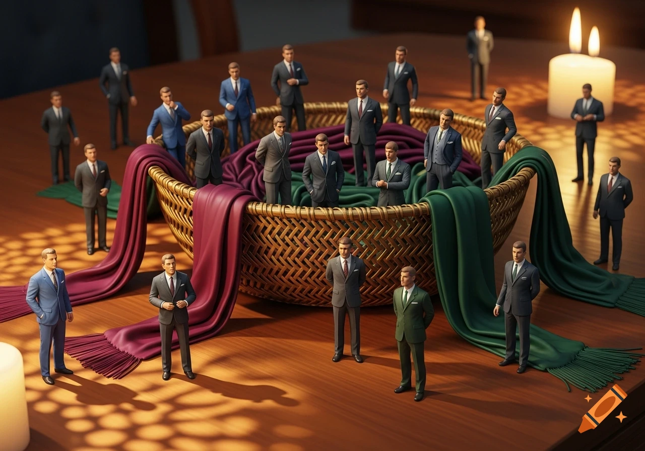 Photorealistic image of tiny men in suits standing around a wicker basket overflowing with red and green scarves, on a wooden table with candles.