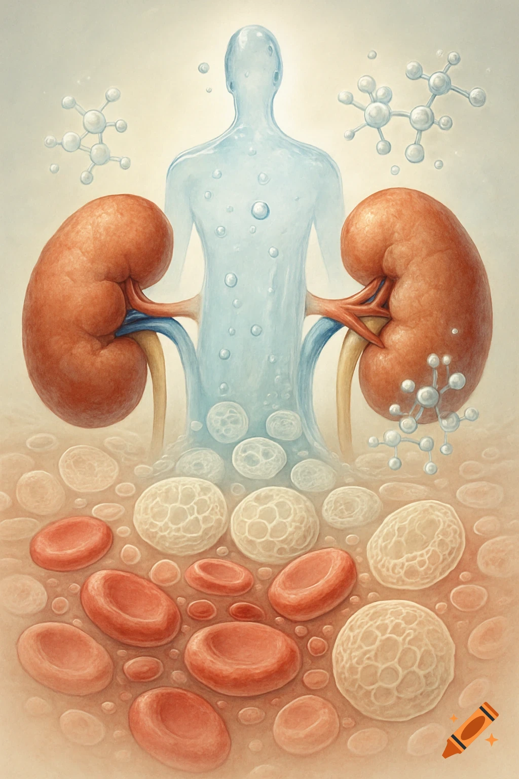 Stylized medical illustration of human kidneys, a transparent body outline, red and white blood cells, and molecules.