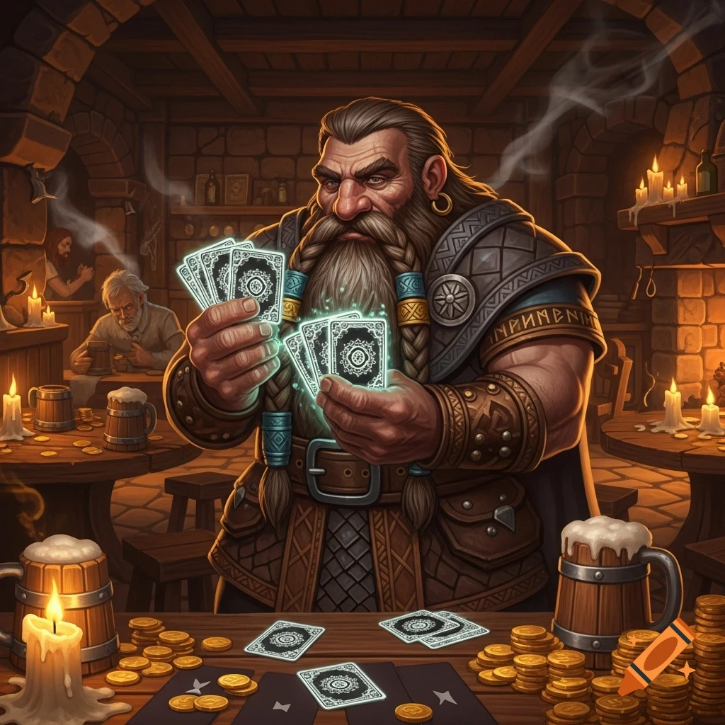 A heavily bearded dwarf in a fantasy tavern holds glowing cards while playing a game, surrounded by gold coins and tankards.