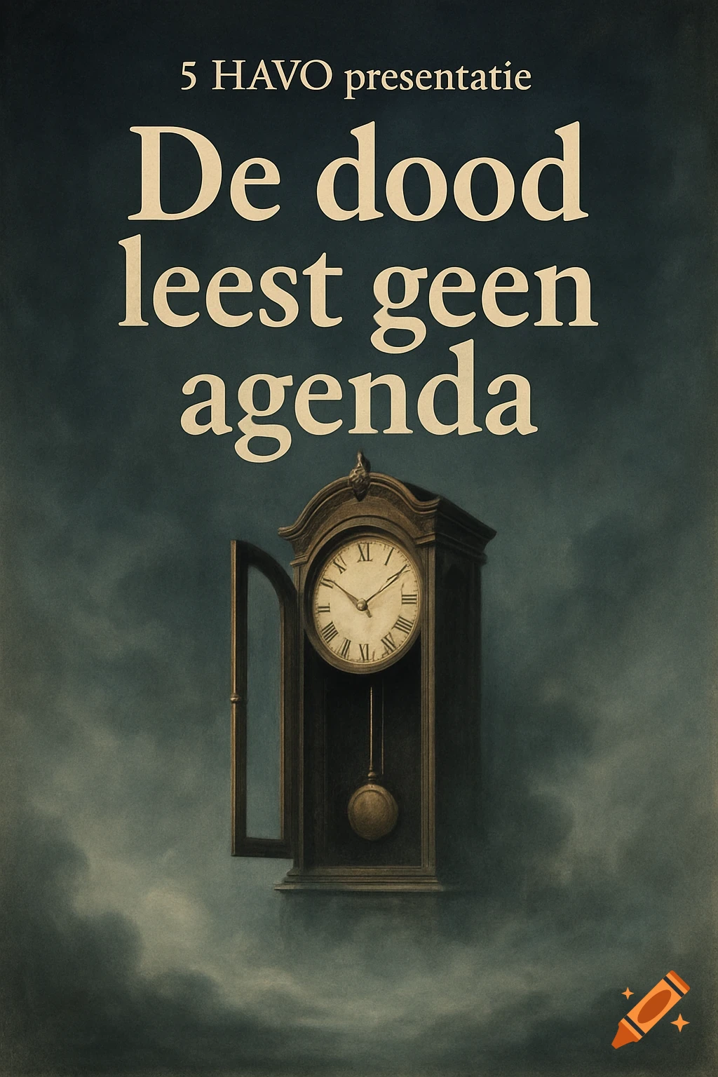 Dark, moody poster with a vintage grandfather clock in a misty void. Dutch text '5 HAVO presentatie De dood leest geen agenda' above.