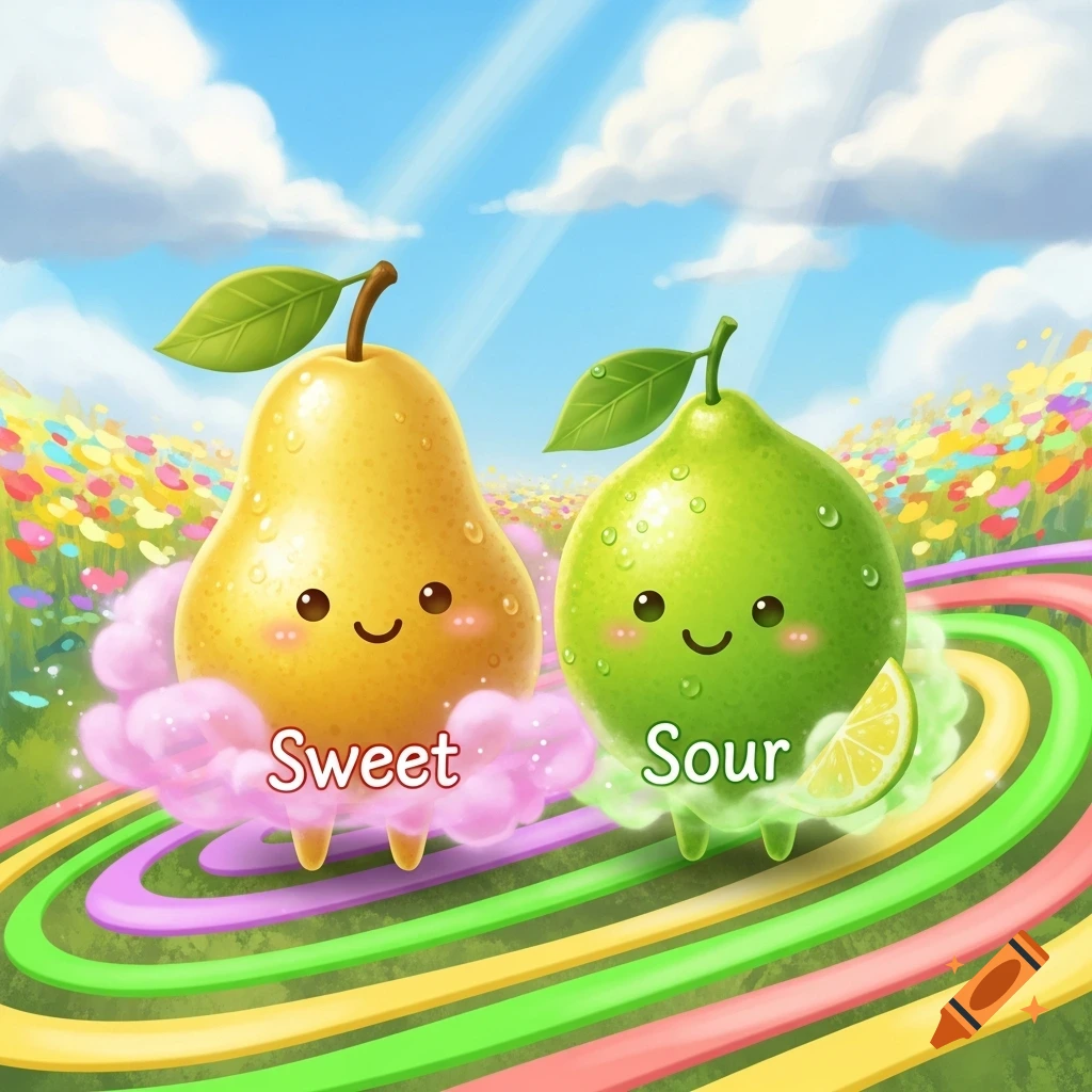 A cheerful cartoon pear labeled 'Sweet' and a happy lime labeled 'Sour' stand on a vibrant rainbow path in a field of colorful flowers under a blue sky.