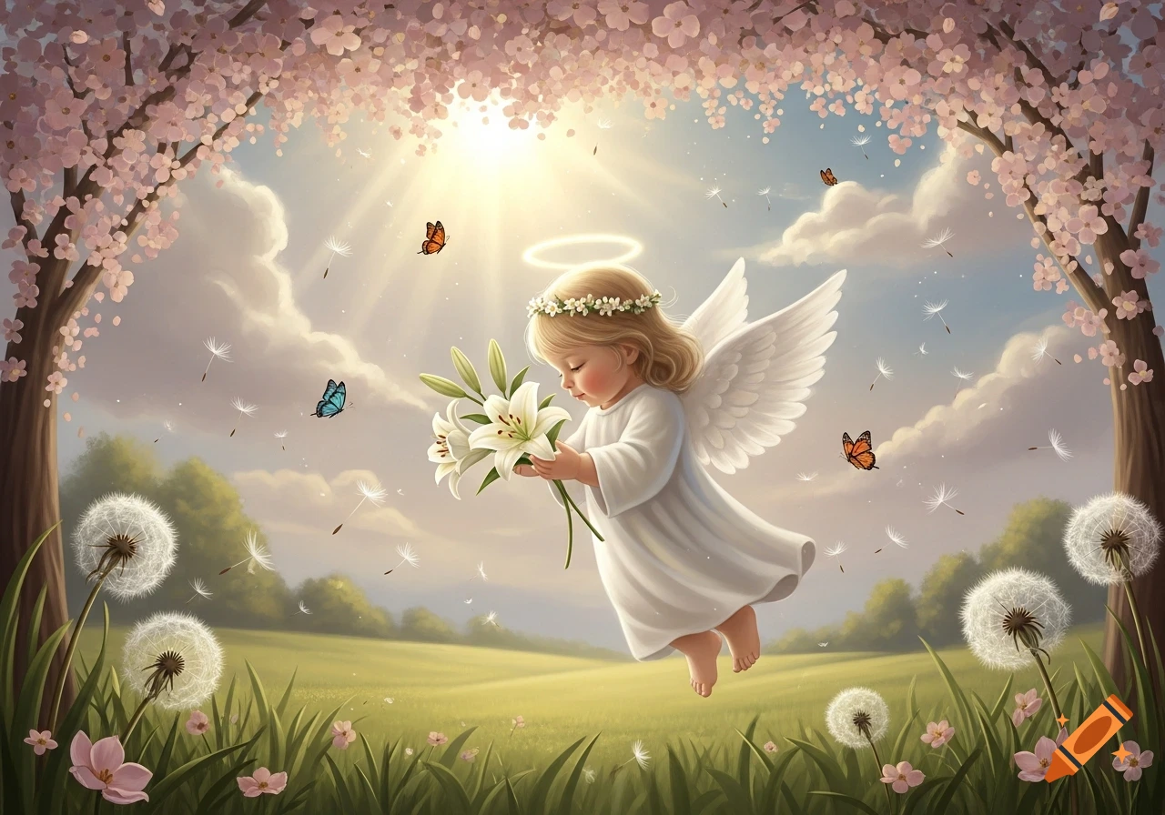 A baby angel with a halo and flower crown floats in a sunny field with cherry blossoms, dandelions, and butterflies, holding white lilies.