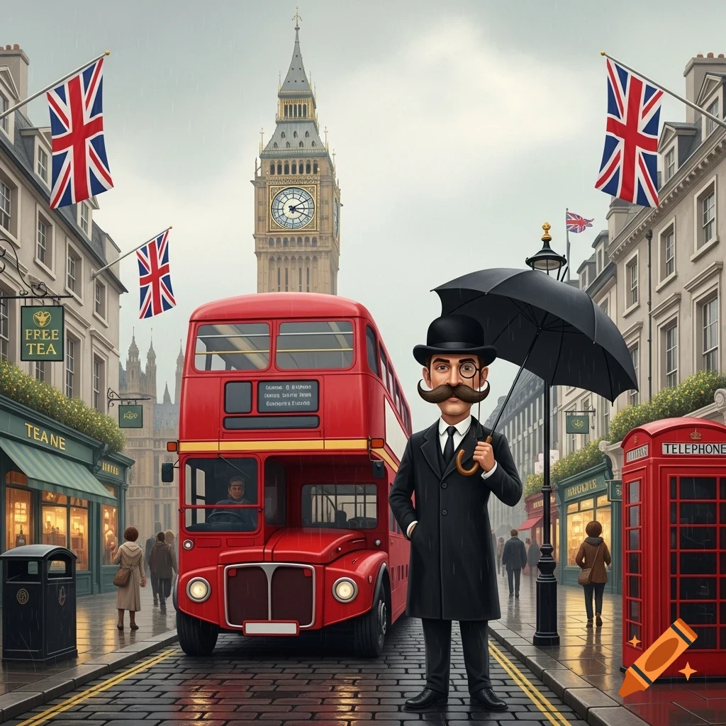 A cartoonish man with a mustache, monocle, bowler hat, and umbrella stands on a rainy London street with a red double-decker bus, Big Ben, and Union Jack flags.