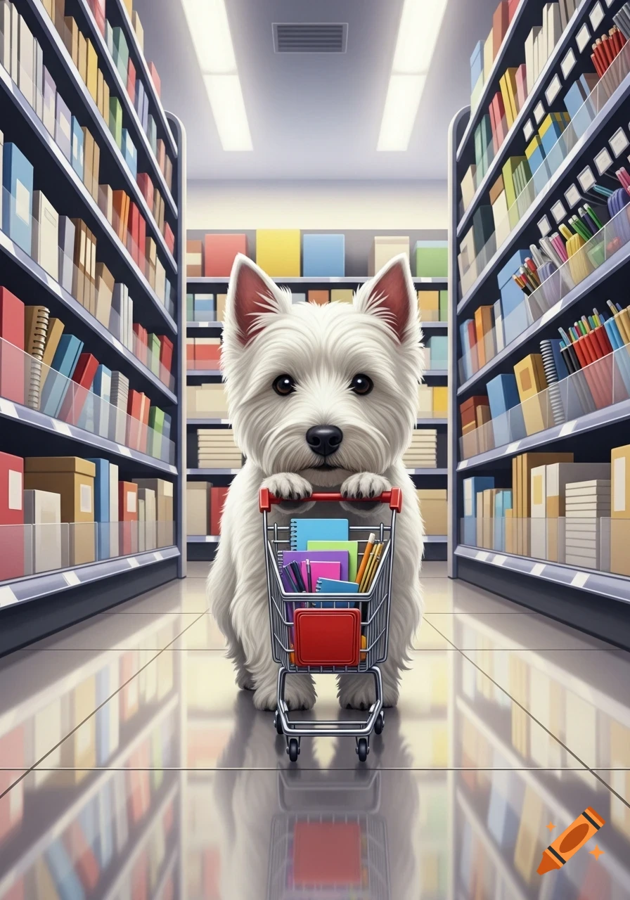 A cute West Highland White Terrier pushes a miniature shopping cart filled with school supplies down a store aisle.