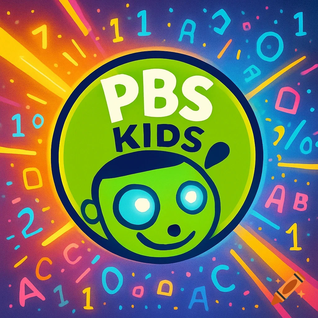 Bright graphic PBS Kids logo featuring its green character surrounded by colorful rays, numbers, and letters.