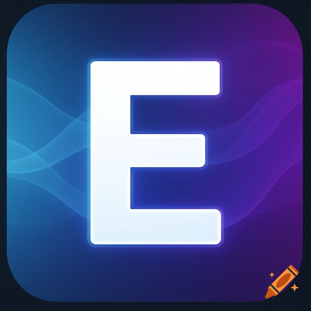 A white glowing letter E on a rounded square app icon with a blue and purple gradient background and subtle wave patterns.