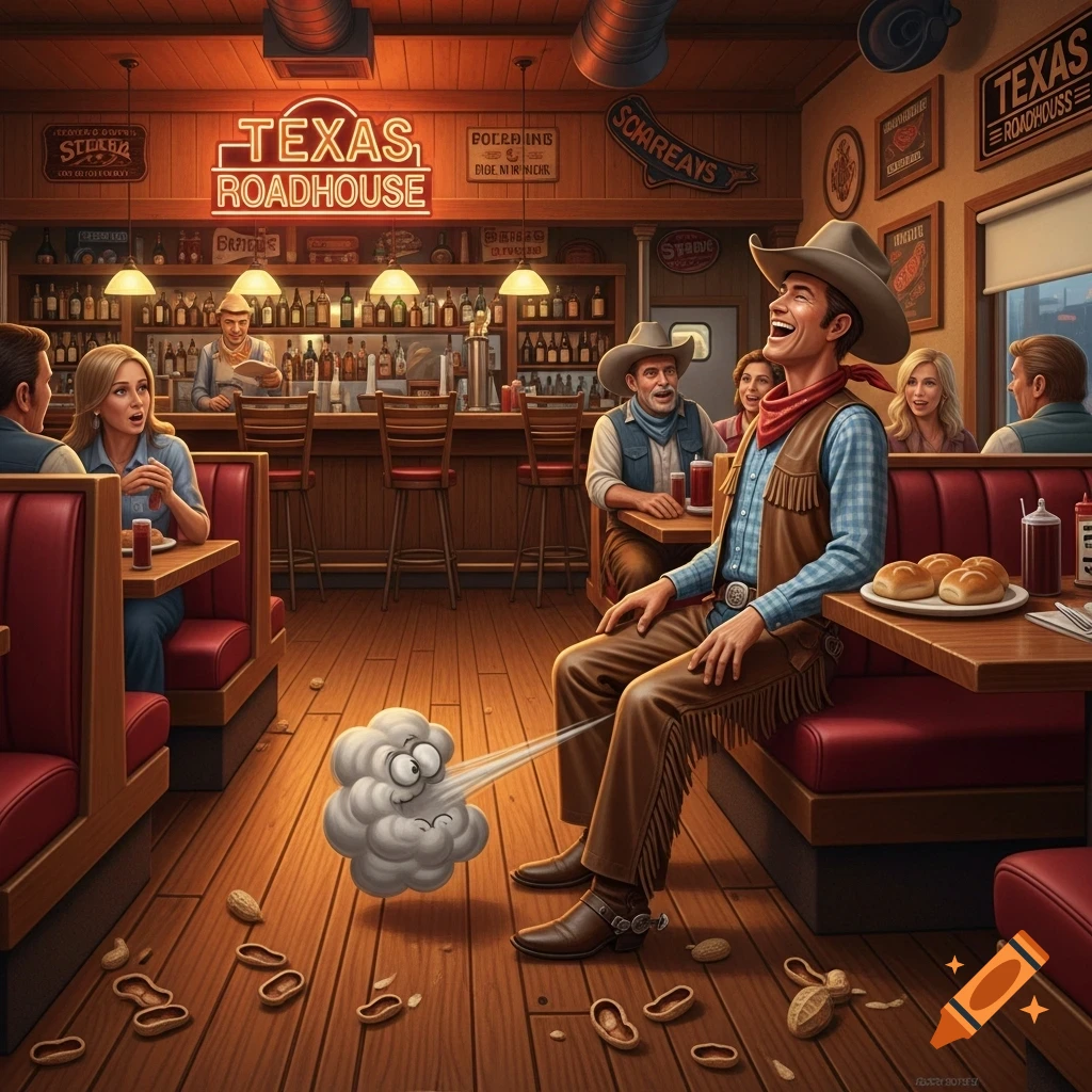A man in cowboy attire laughs loudly as a cartoon cloud representing a fart emerges from his rear, inside a bustling Texas Roadhouse restaurant.